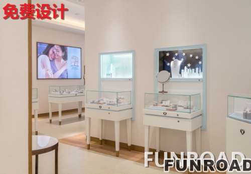 Jewelry store customers, custom white glass jewelry display cases