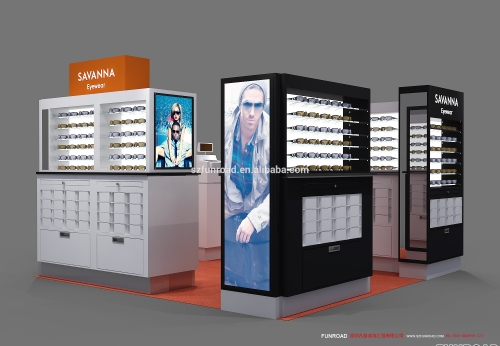 Funroad design and manufacturing 10*13ft glasses display kiosk in shopping mall for sale