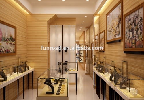 Modern Wooden Color Jewellery Shop Furniture Design with Glass Showcase