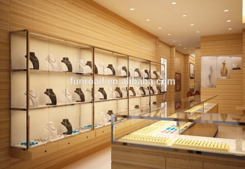Modern Wooden Color Jewellery Shop Furniture Design with Glass Showcase