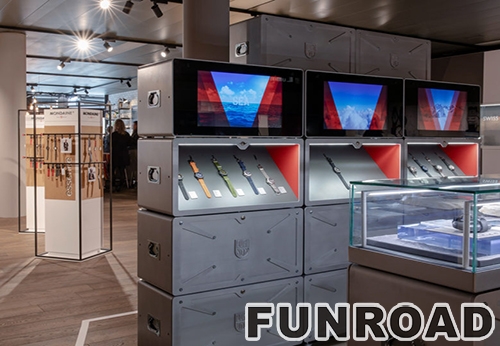 Unique watch popup store design customized led lighted display cases and cabinets