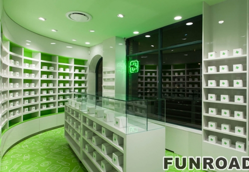 Pharmacy Wooden Furniture Design White MDF Shelving With LED Light