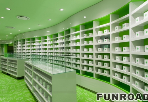 Pharmacy Wooden Furniture Design White MDF Shelving With LED Light