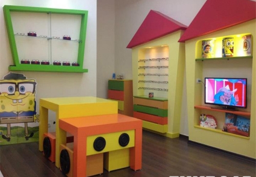 Wooden Wall Mounted Glass Display Furniture Children Optical Showcase 