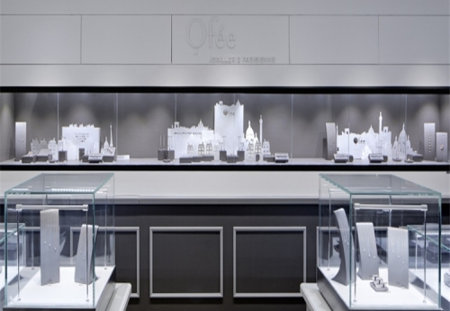 acrylic glass jewelry showroom showcase shop interior design with lights 