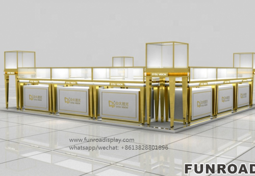 Gold color kiosk metal and wood jewelry kiosk showcase for customized