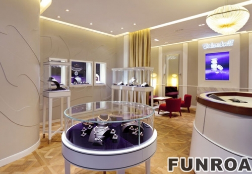 Customized built-in wall LED lighted glass showcase for jewelry store decoration