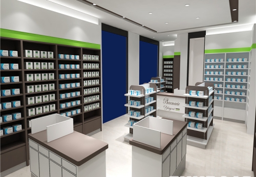 Retail Pharmacy Shop New Interior Design Glass Shelf Stand Gondola Custom Pharmacy Shelves Store Fixtures