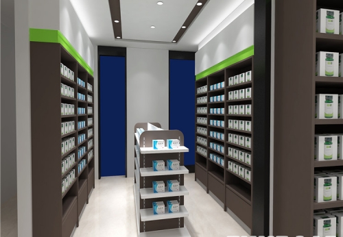 Retail Pharmacy Shop New Interior Design Glass Shelf Stand Gondola Custom Pharmacy Shelves Store Fixtures