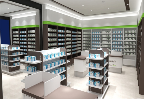 Retail Pharmacy Shop New Interior Design Glass Shelf Stand Gondola Custom Pharmacy Shelves Store Fixtures