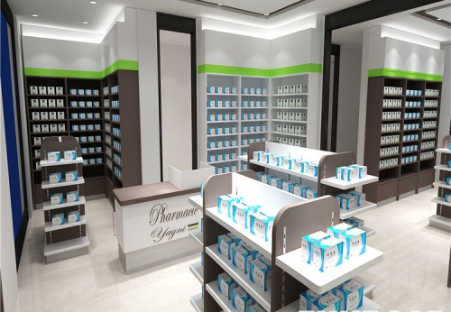 Retail Pharmacy Shop New Interior Design Glass Shelf Stand Gondola Custom Pharmacy Shelves Store Fixtures