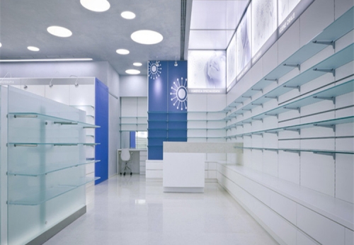 Pharmacy Store Fixtures Design Medical Retail Shop Interior Design Custom Pharmacy Wall Display Cabinet with Glass Shelves
