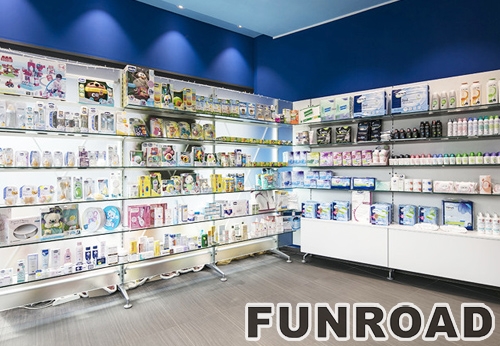 Modern Wood and Glass Shelves for Pharmacy Retail Stores Decoration Showcase Designs