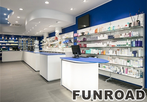 Modern Wood and Glass Shelves for Pharmacy Retail Stores Decoration Showcase Designs