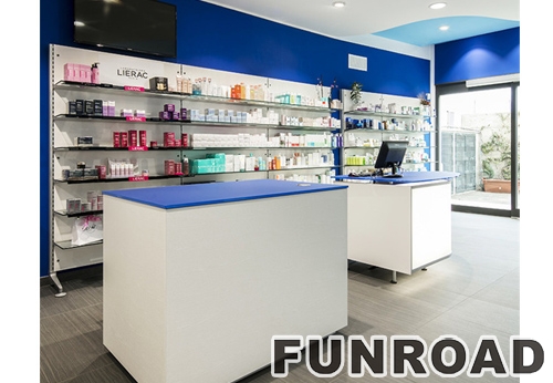 Modern Wood and Glass Shelves for Pharmacy Retail Stores Decoration Showcase Designs