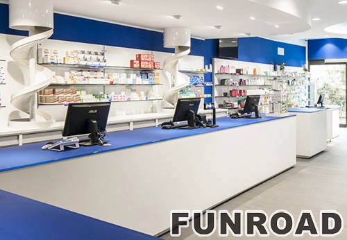 Modern Wood and Glass Shelves for Pharmacy Retail Stores Decoration Showcase Designs