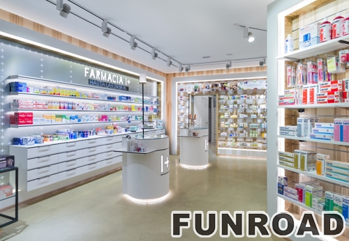 Fashion Showcase Medical Store Decoration Pharmacy Shop Interior Display Counter Furniture Display Rack 