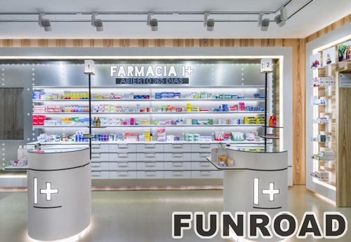 Fashion Showcase Medical Store Decoration Pharmacy Shop Interior Display Counter Furniture Display Rack 