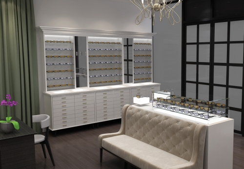 White Design Optical Store Interior Display Shelves Wooden Eyewear Display Furniture For Sale