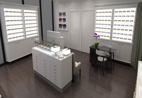 White Design Optical Store Interior Display Shelves Wooden Eyewear Display Furniture For Sale