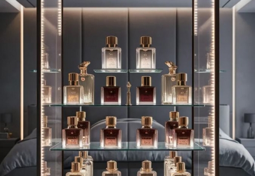 Luxury Gold Makeup Shop Beauty Salon Display Cabinet Wood Perfume Shop Interior Design Cosmetics Skin Care Product Display Shelf