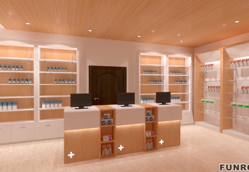 Solid Wood Retail Pharmacie Furniture Tempered Glass Pharmacy Shelves with MDF Showcase for Interior Design of Pharmacy Shops