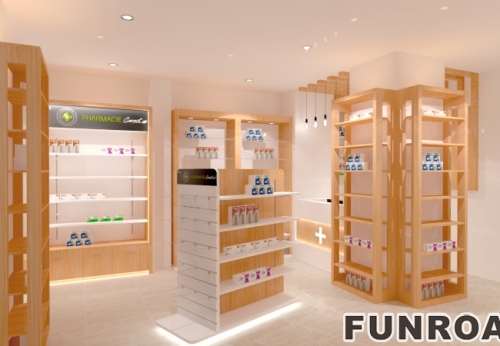 Solid Wood Retail Pharmacie Furniture Tempered Glass Pharmacy Shelves with MDF Showcase for Interior Design of Pharmacy Shops