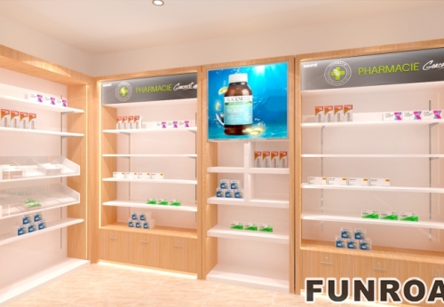 Solid Wood Retail Pharmacie Furniture Tempered Glass Pharmacy Shelves with MDF Showcase for Interior Design of Pharmacy Shops