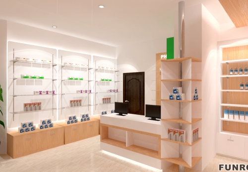 Solid Wood Retail Pharmacie Furniture Tempered Glass Pharmacy Shelves with MDF Showcase for Interior Design of Pharmacy Shops