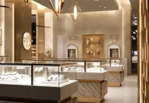 Funroad High End Jewelry Store Display Retail Custom Gold Stainless Steel Display Showcase for Jewelry Store and Counter