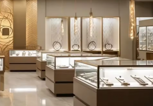 Funroad High End Jewelry Store Display Retail Custom Gold Stainless Steel Display Showcase for Jewelry Store and Counter