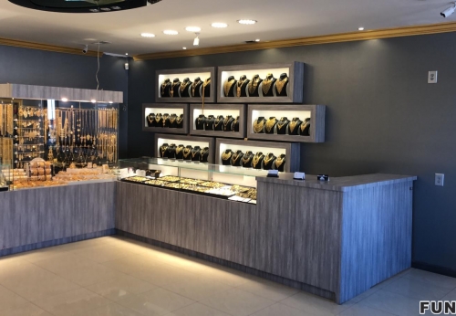 Funroad Shop Jewelry Store Renovation Design & Fitout Luxury Kiosk Custom Wall-mounted Cabinet Glass Display Cabinet