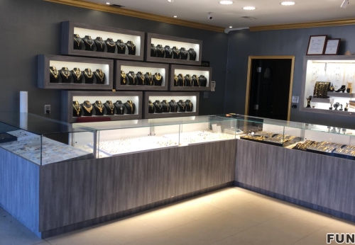 Funroad Shop Jewelry Store Renovation Design & Fitout Luxury Kiosk Custom Wall-mounted Cabinet Glass Display Cabinet