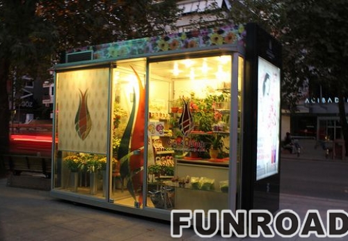 Durable Wooden Outdoor Retail Kiosk with LED Light Varnish Surface Treatment Flower Kiosk Display Showcase for Sale