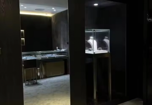 High End Brand Shop Fittings Light Strip Design Wood Glass Semicircle Luxury Led Display Jewelry showcase Cabinet