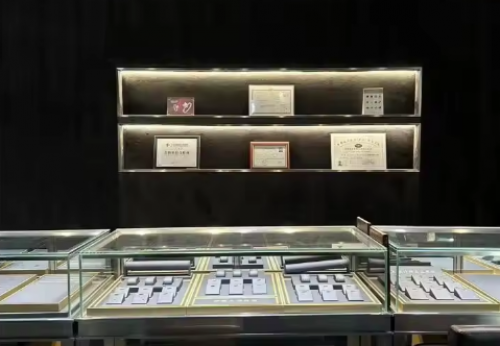 High End Brand Shop Fittings Light Strip Design Wood Glass Semicircle Luxury Led Display Jewelry showcase Cabinet