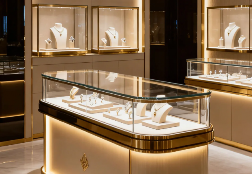 Customized High-end Modern Counter Glass Showcase Wooden Luxury Jewelry Showroom Kiosk Display LED Lighting Shopping Mall