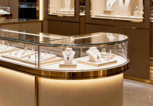 Customized High-end Modern Counter Glass Showcase Wooden Luxury Jewelry Showroom Kiosk Display LED Lighting Shopping Mall