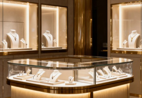 Customized High-end Modern Counter Glass Showcase Wooden Luxury Jewelry Showroom Kiosk Display LED Lighting Shopping Mall