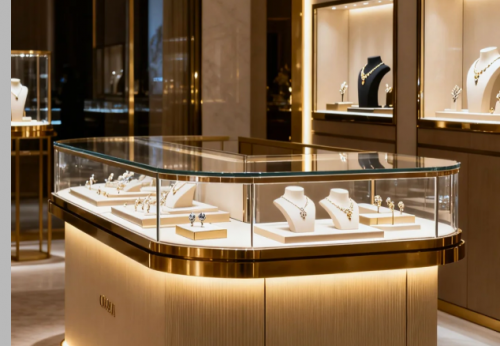 Customized High-end Modern Counter Glass Showcase Wooden Luxury Jewelry Showroom Kiosk Display LED Lighting Shopping Mall