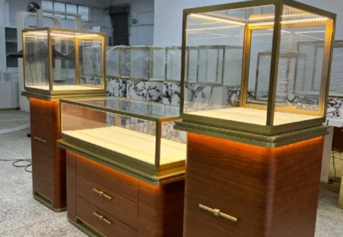 Customized High-end Modern Counter Iron Glass Showcase Wooden Luxury Jewelry Showroom Kiosk Display LED Lighting Shopping Mall