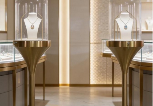 Customized High-end Modern Counter Iron Glass Showcase MDF Luxury Jewelry Retail Store Kiosk Display LED Lighting Shopping Mall