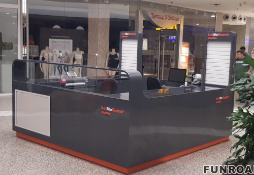 Funroad Mobile Phone Repair Kiosk LED Light Glass Display Shelf & Display Racks Customized Cell Phone Repair Counter Design