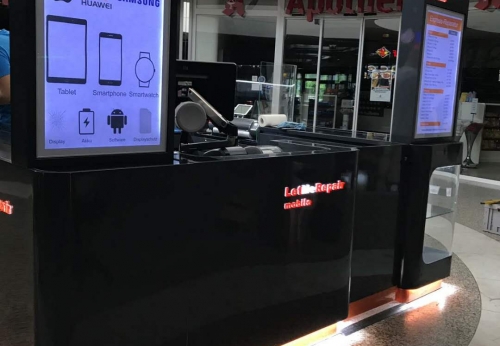 Funroad Mobile Phone Repair Kiosk LED Light Glass Display Shelf & Display Racks Customized Cell Phone Repair Counter Design