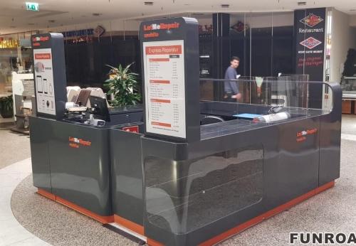 Funroad Mobile Phone Repair Kiosk LED Light Glass Display Shelf & Display Racks Customized Cell Phone Repair Counter Design