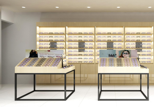 Luxury Optical Store Display Furniture Illuminated Wood Storage Cabinet for Eyewear Sunglasses Showcase Metal Wall Display Malls