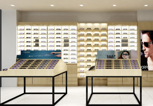 Luxury Optical Store Display Furniture Illuminated Wood Storage Cabinet for Eyewear Sunglasses Showcase Metal Wall Display Malls