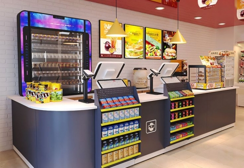 Customized Heavy-Duty Double-Sided Metallic Cash Counter Shelf for Supermarkets LED Light Check Out Table
