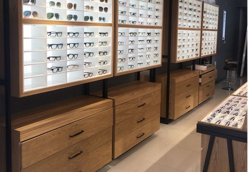 Optical Wall Mounted Sunglasses Display Table with LED Lighting for Optical Shop Eyewear Display Cabinets