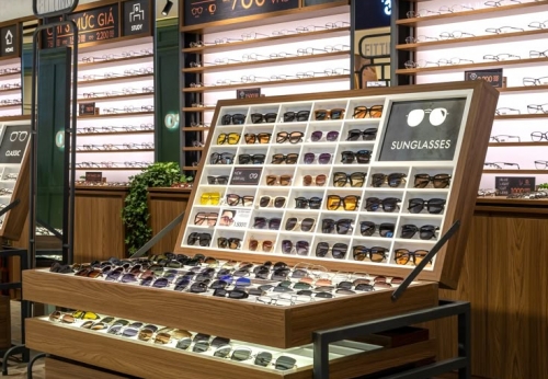 Optical Wall Mounted Sunglasses Display Table with LED Lighting for Optical Shop Eyewear Display Cabinets
